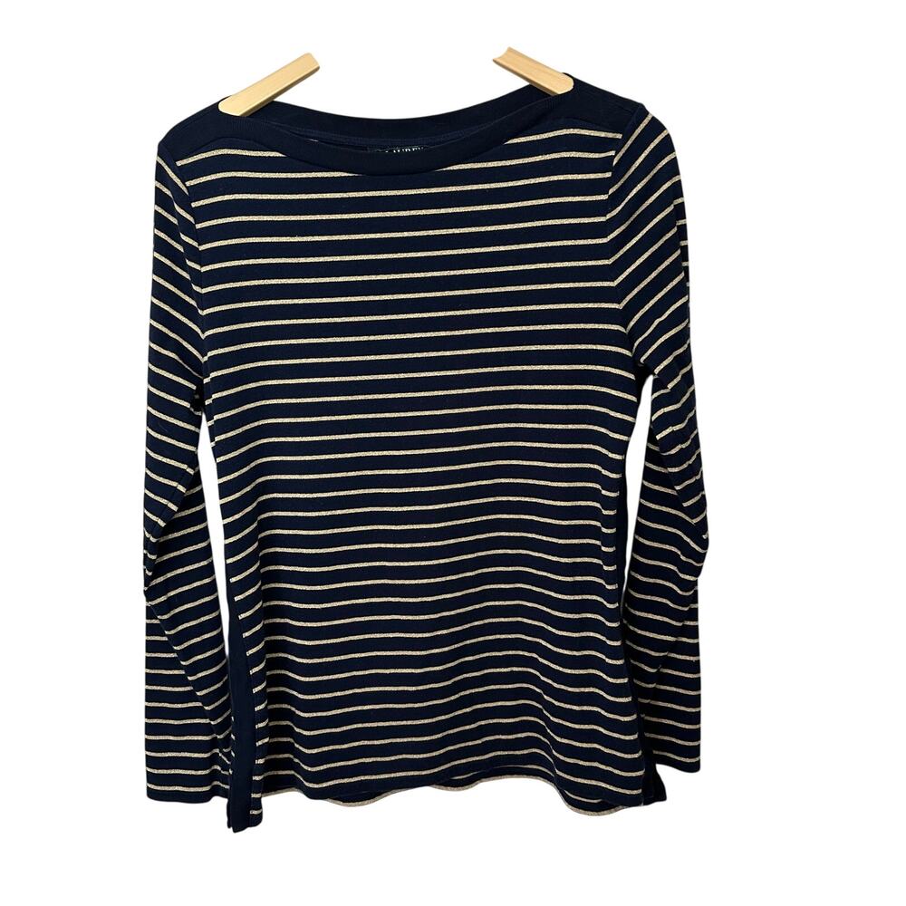 Lauren Ralph Lauren Knit Top Women's XL Navy Blue Striped Gold Boatneck Pullover